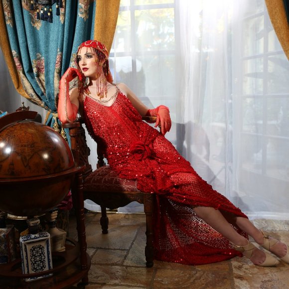 SAMPLE GOWN ONLY- LADY ELEANOR Custom Order Red Gatsby Wedding Gown - Picture 9 of 15